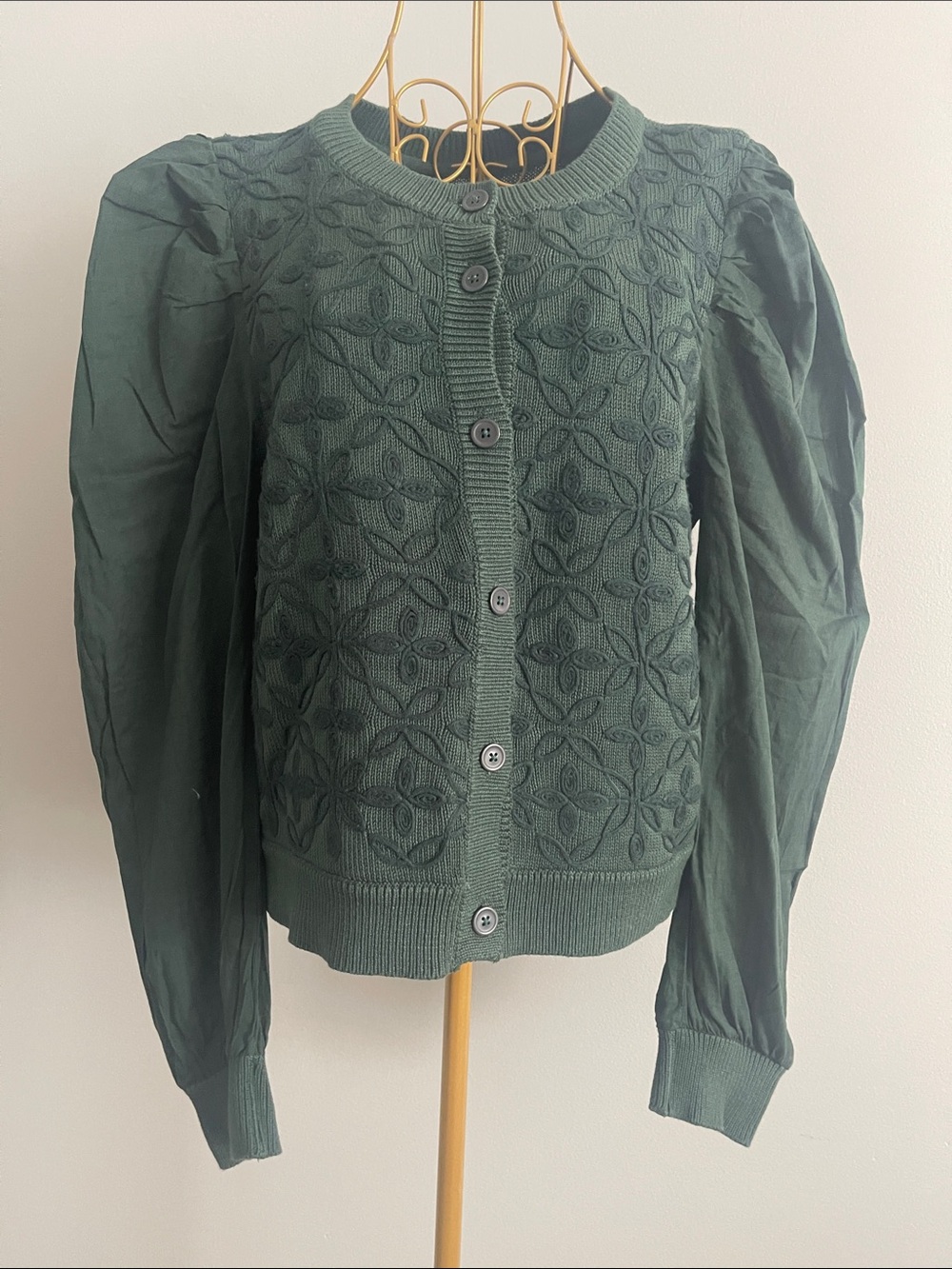 Anthropologie Deep Green Textured Button Cardigan